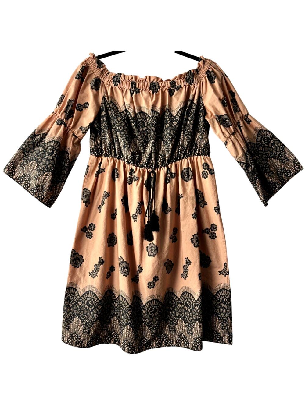 Lane Bryant Off Shoulder Dress Lace Print Peach Bell Sleeve Romantic Sz 14/16